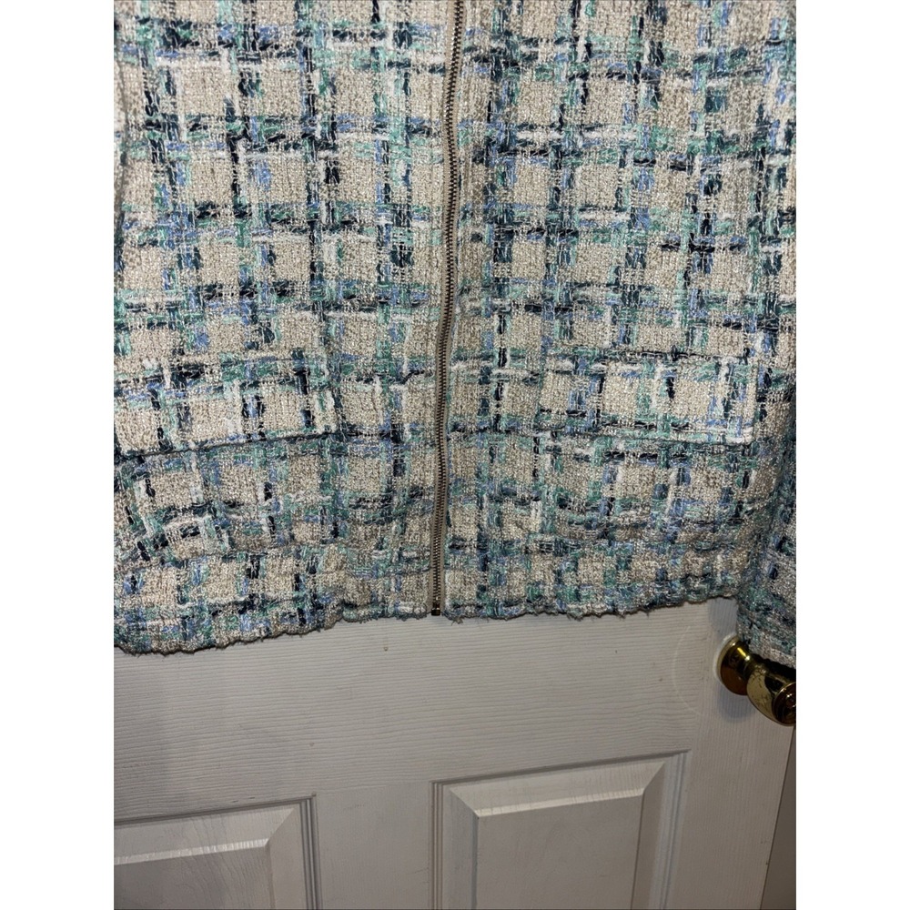 NWT Boston Proper XL Tweed Zip Bomber Lady Jacket Blue Green Cream Pockets - Picture 10 of 16